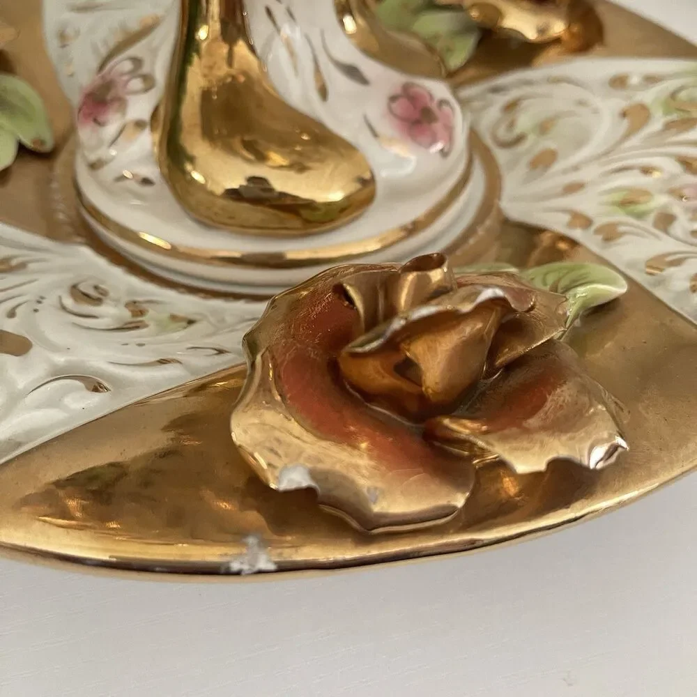 Vintage Capodimonte Vase Plate Set Italian Ornate Porcelain 12” MCM Handles Gold